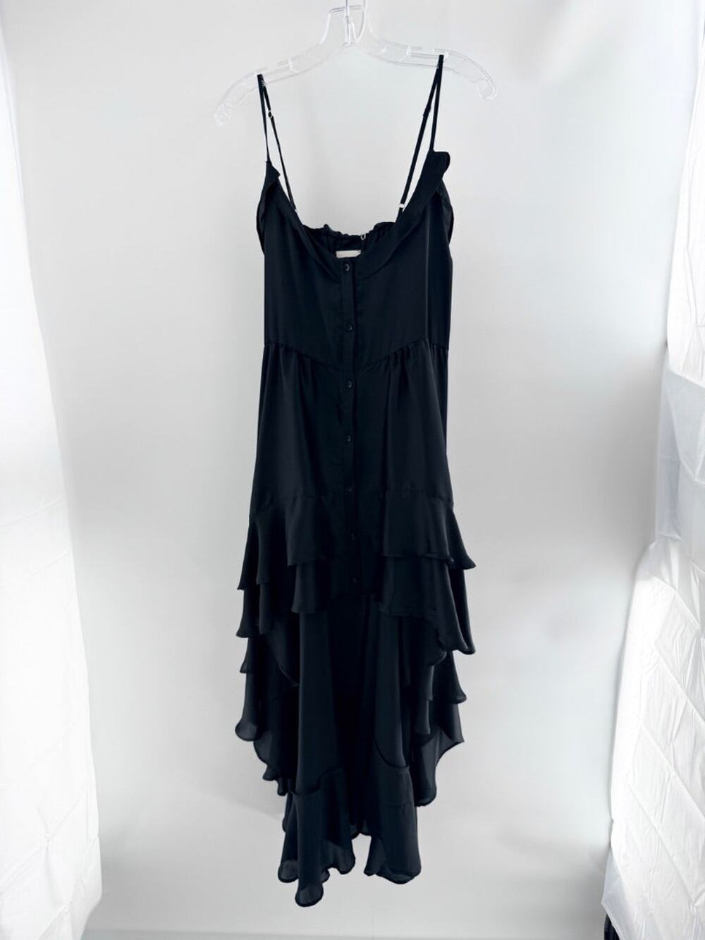 Suki So Sleeveless Layered Ruffled Asymmetric Midi Dress Black Womens's Large